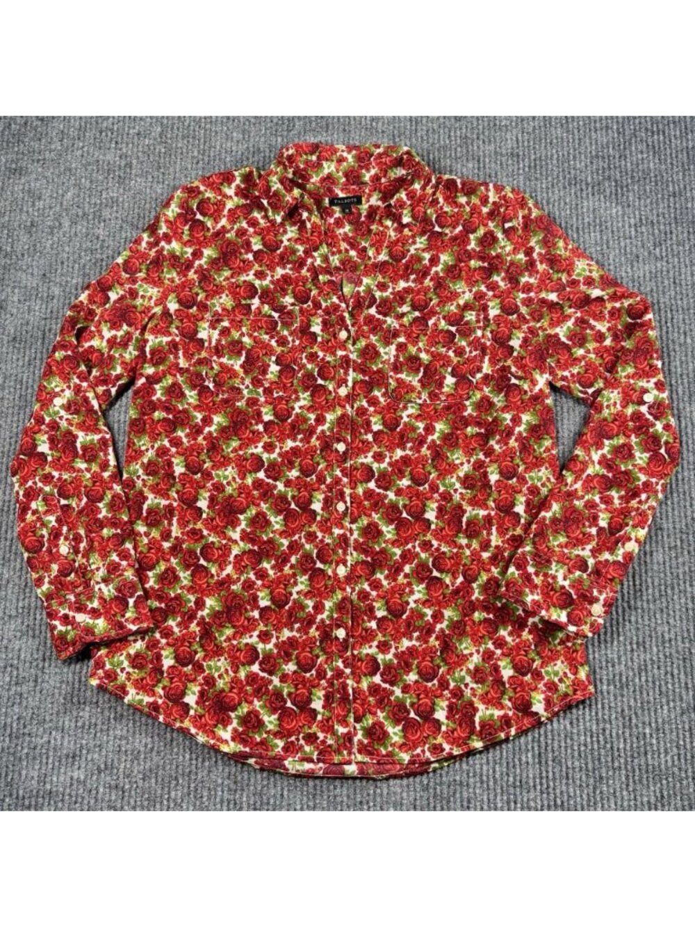 Talbots Button Front Top Womens Medium Red Rose Floral Roll Tab Long Sleeve